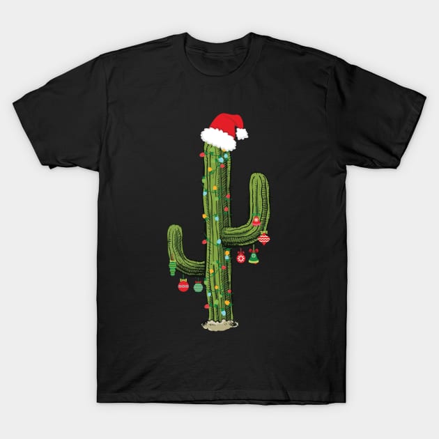 Cactus Christmas Tree Lights Wearing Santa Hat T-Shirt by GDLife